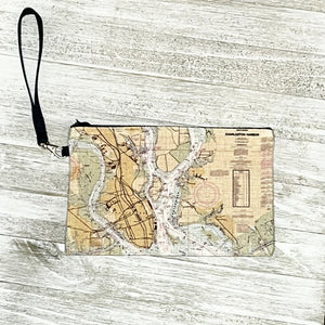 Charleston Harbor Nautical Chart Wristlet Bag
